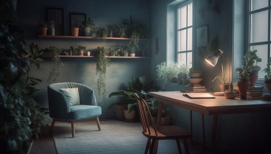 Softly lit study corner with a timber desk, lamp, armchair, and shelves of plants