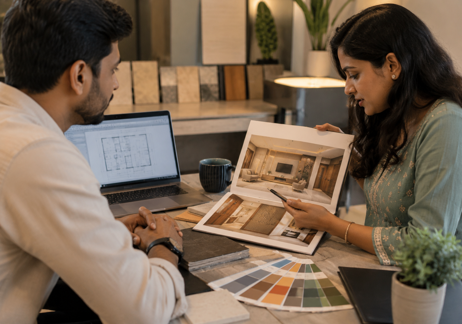 Designer and client reviewing portfolio and material samples in the consultation area