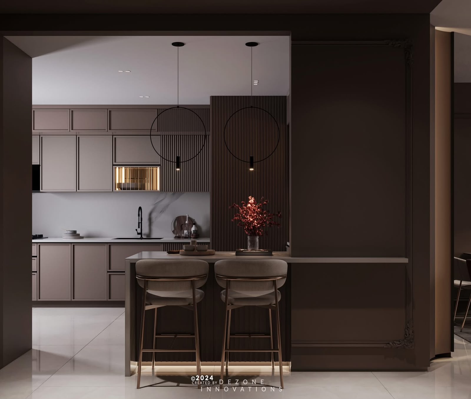 Modern modular kitchen display with breakfast bar