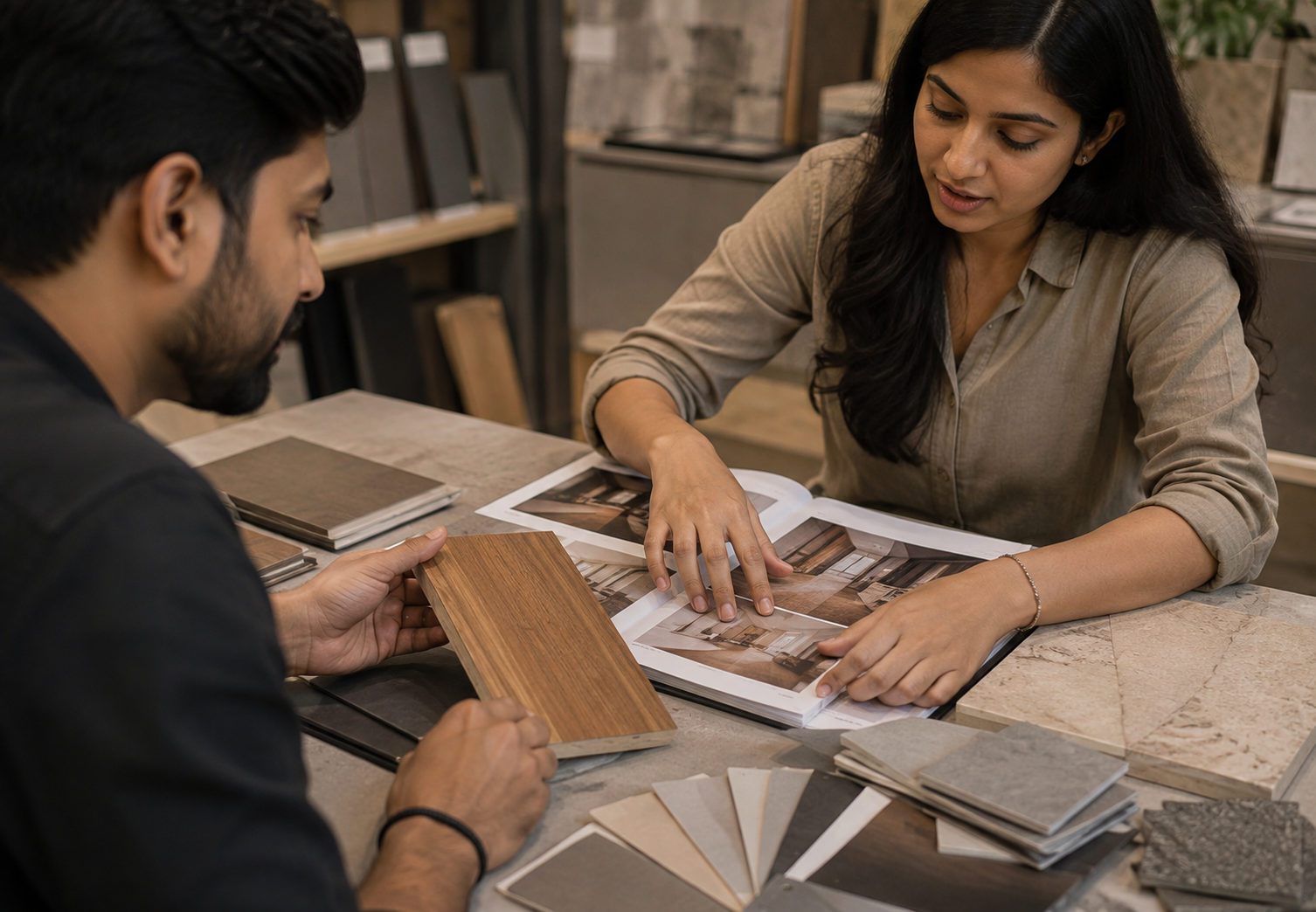 Designer and client comparing wood and tile material samples