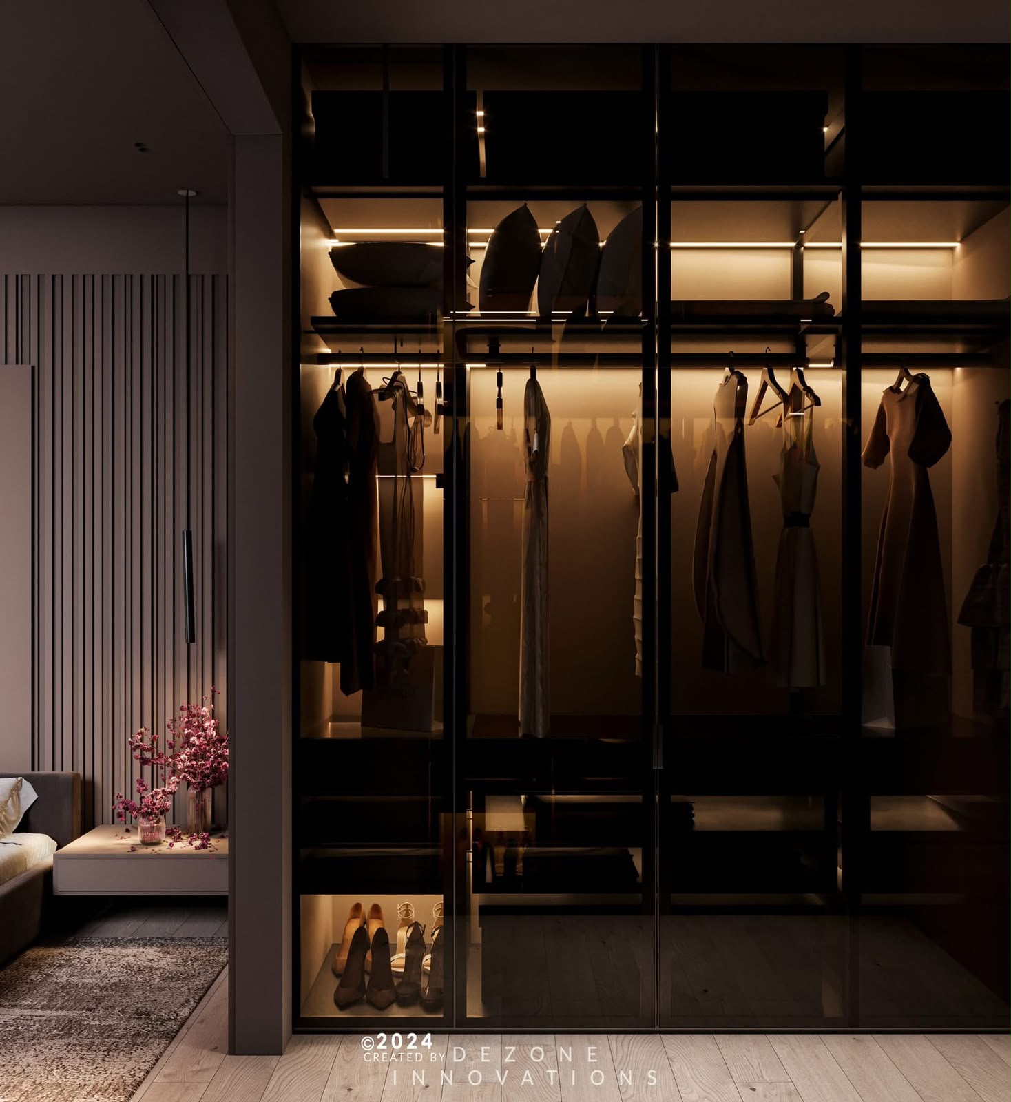 Illuminated glass wardrobe and walk-in closet display