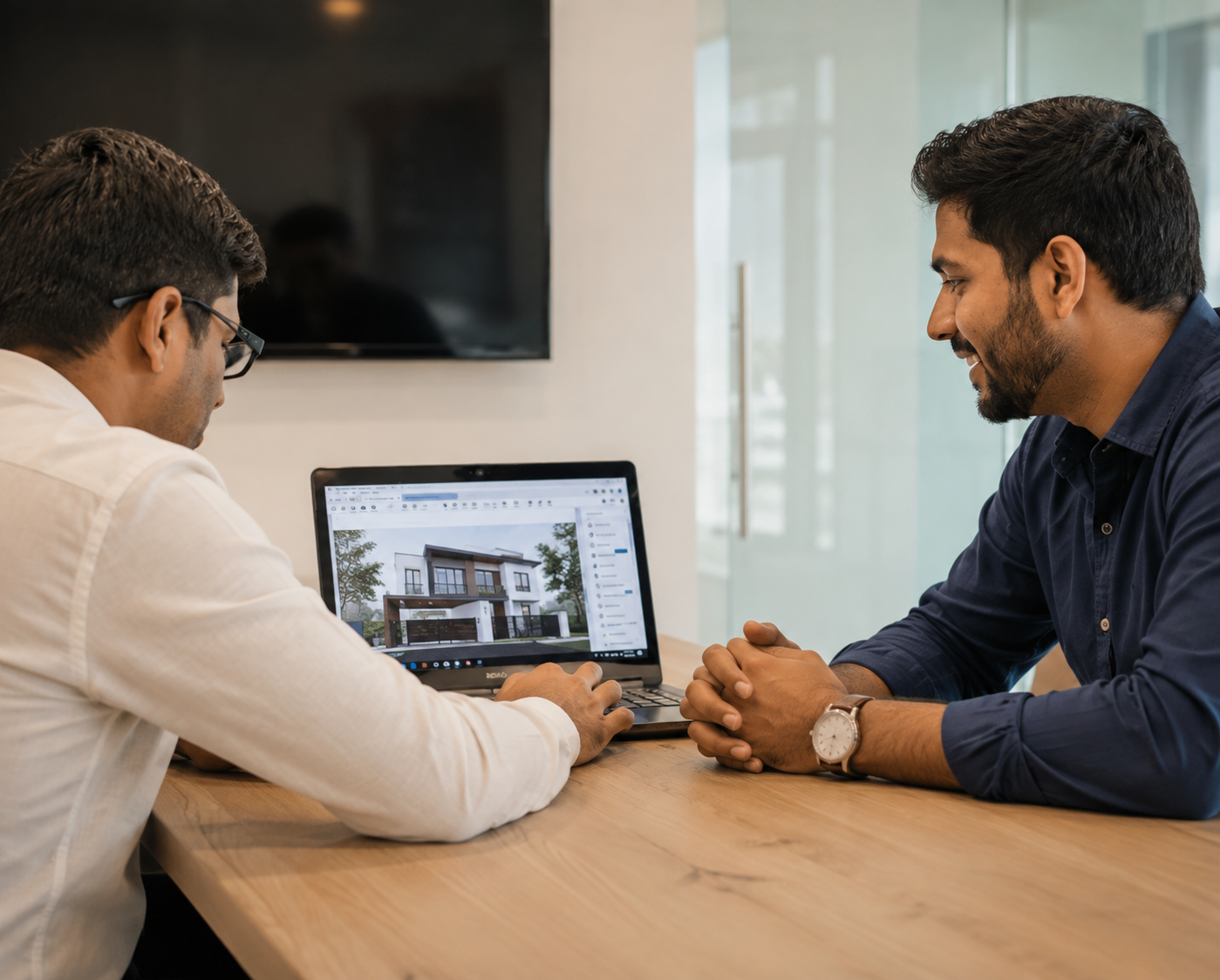 Design discussion reviewing a home concept on a laptop