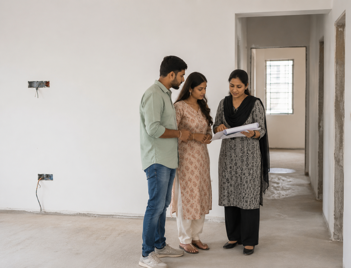 On-site visit reviewing architectural plans in an unfinished space